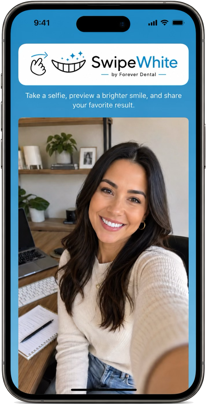 SwipeWhite app screenshot showing a before and after teeth whitening preview